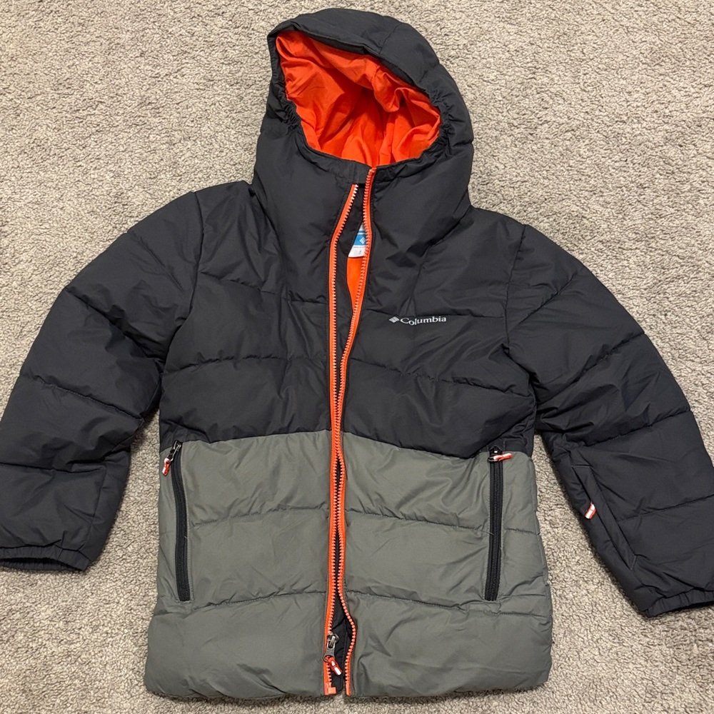Columbia Kids' Puffer Jacket in Black and Gray with Orange Highlights
